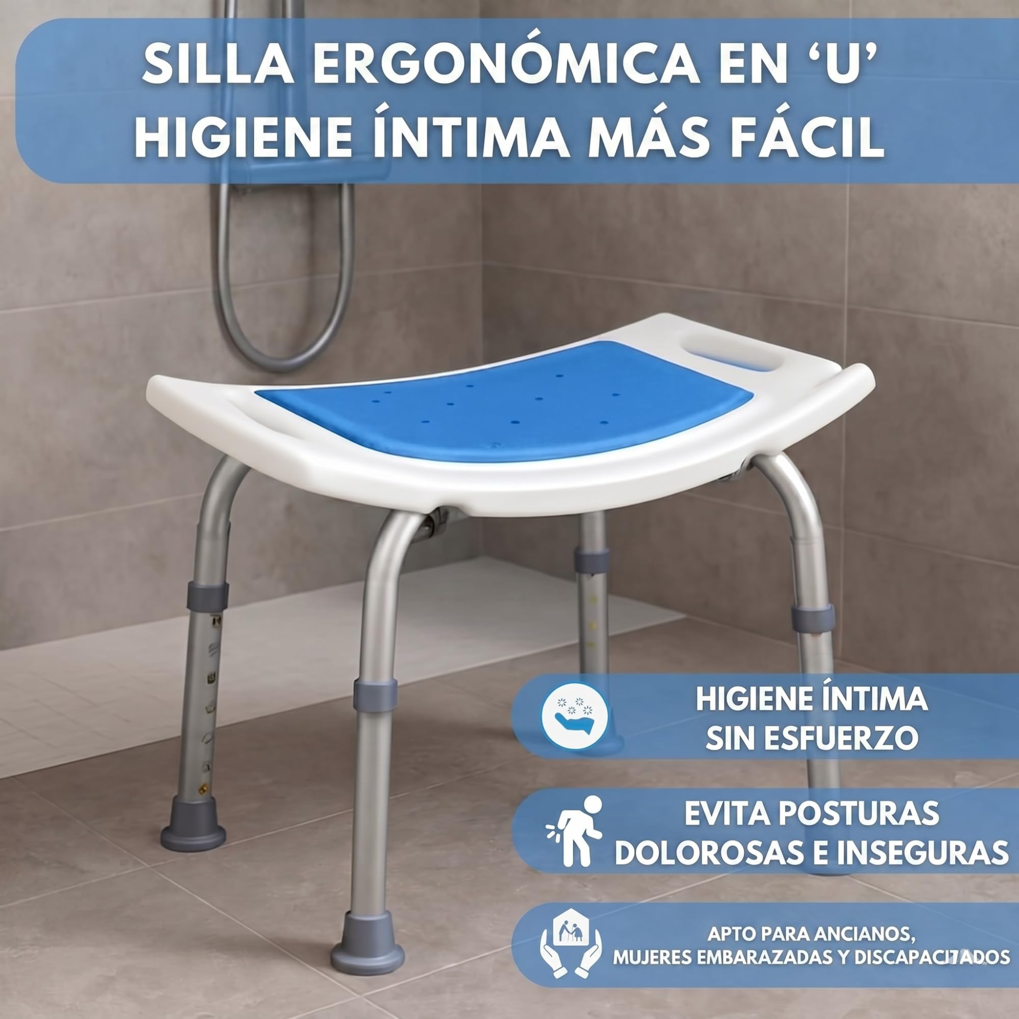 Taburete de Baño en U para Mayores y Embarazadas - Asiento Antideslizante Regulable 7 Alturas Banqueta Estable y Ligera Fácil Montaje Soporta 135 kg Ortopédico y Seguro