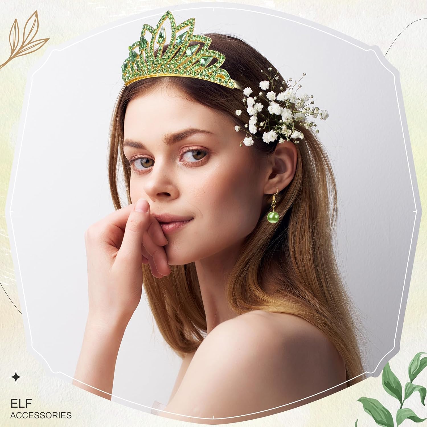Haysandy 3 Pcs Princess Costume Jewelry Accessory Women Green Gems Leaves Gold Tiara and Green Peal Necklace with Peal Earrings for Halloween Costume Birthday Princess Jewelry - Image 6