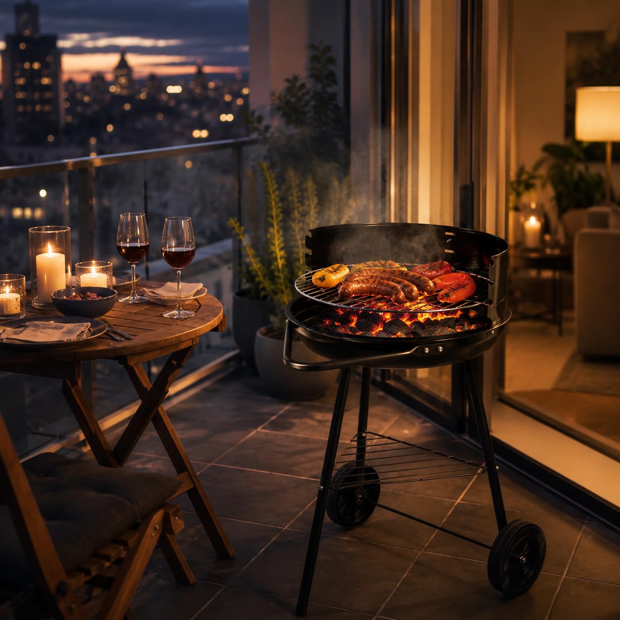 BBQ Barbecue a Carbone 58x40x40cm | Griglia Rotonda Giardino Balcone Terrazza | Acciaio Smaltato Nero, Griglia Cromata Ø38cm, Ruote, Ripiano | Certificato TUV GS | Carbonella Weber Compatibile
