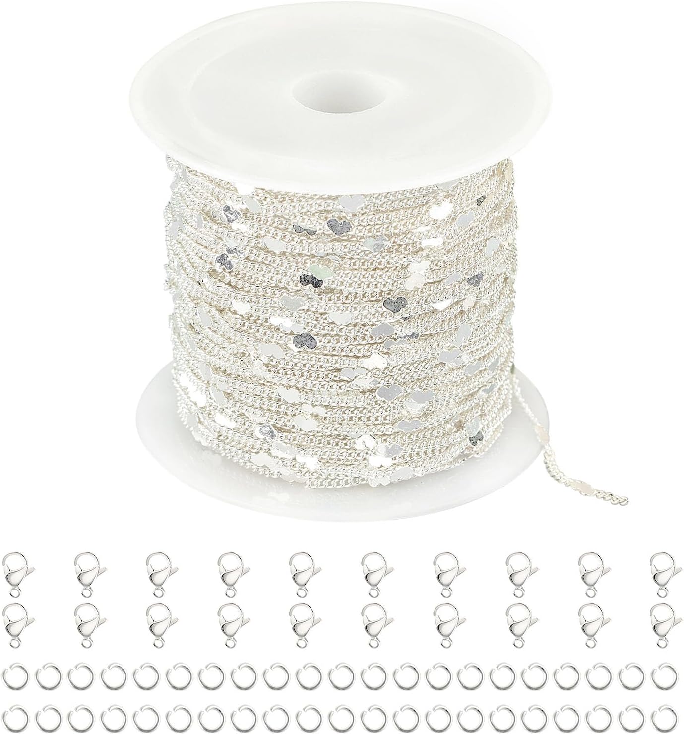 Jabogrii 32.8 Feet Flat Heart Jewelry Making Chains Sliver Plated Brass Chain Bulk Craft Chain with Lobster Clasps and Open Jump Rings for Jewelry Making