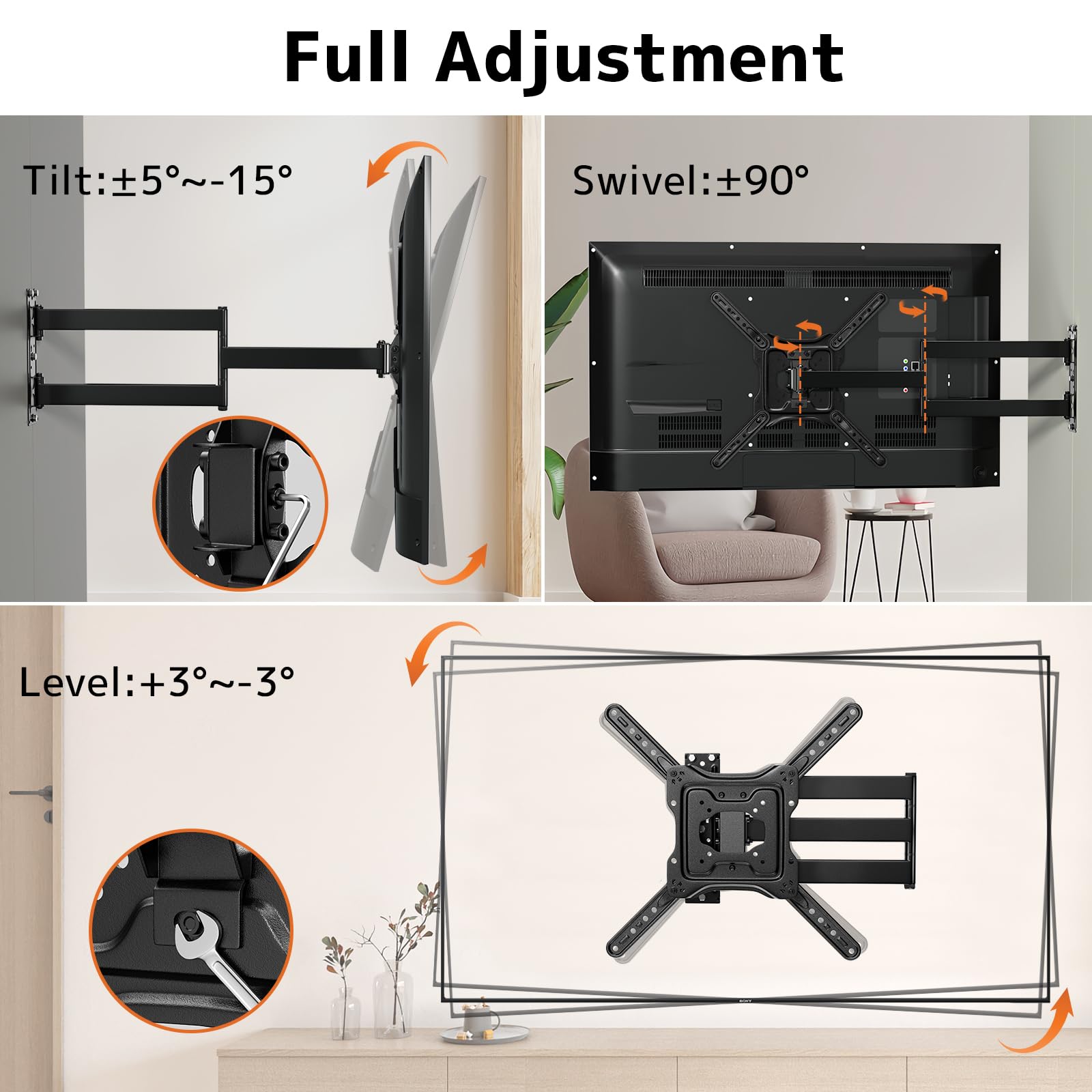 Soporte TV Pared con Brazo Articulado Extralargo para Planas de 23-65 Pulgadas, Soporte esquinero para TV con Soporte Giratorio e inclinable de 180°, MAX. VESA 400 x 400 mm, soporta hasta 35KG