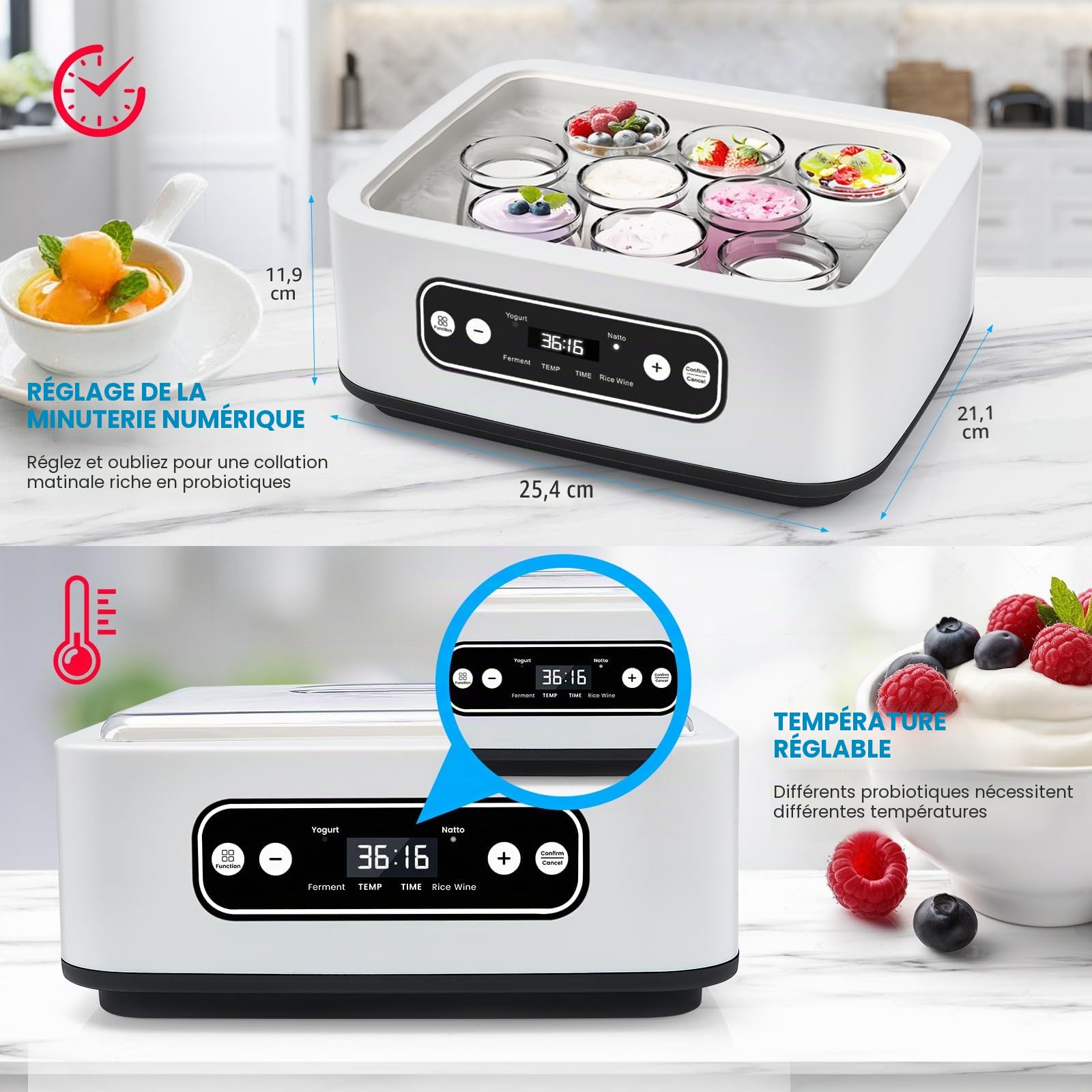 1.6L YaourtièRe, Avec 9 Pots Portables, Pot IntéRieur En Acier Inoxydable 304, Minuterie RéGlable Et Chauffage PTC Pour Yaourt Maison, Natto, Vin De Riz Et Fermentation