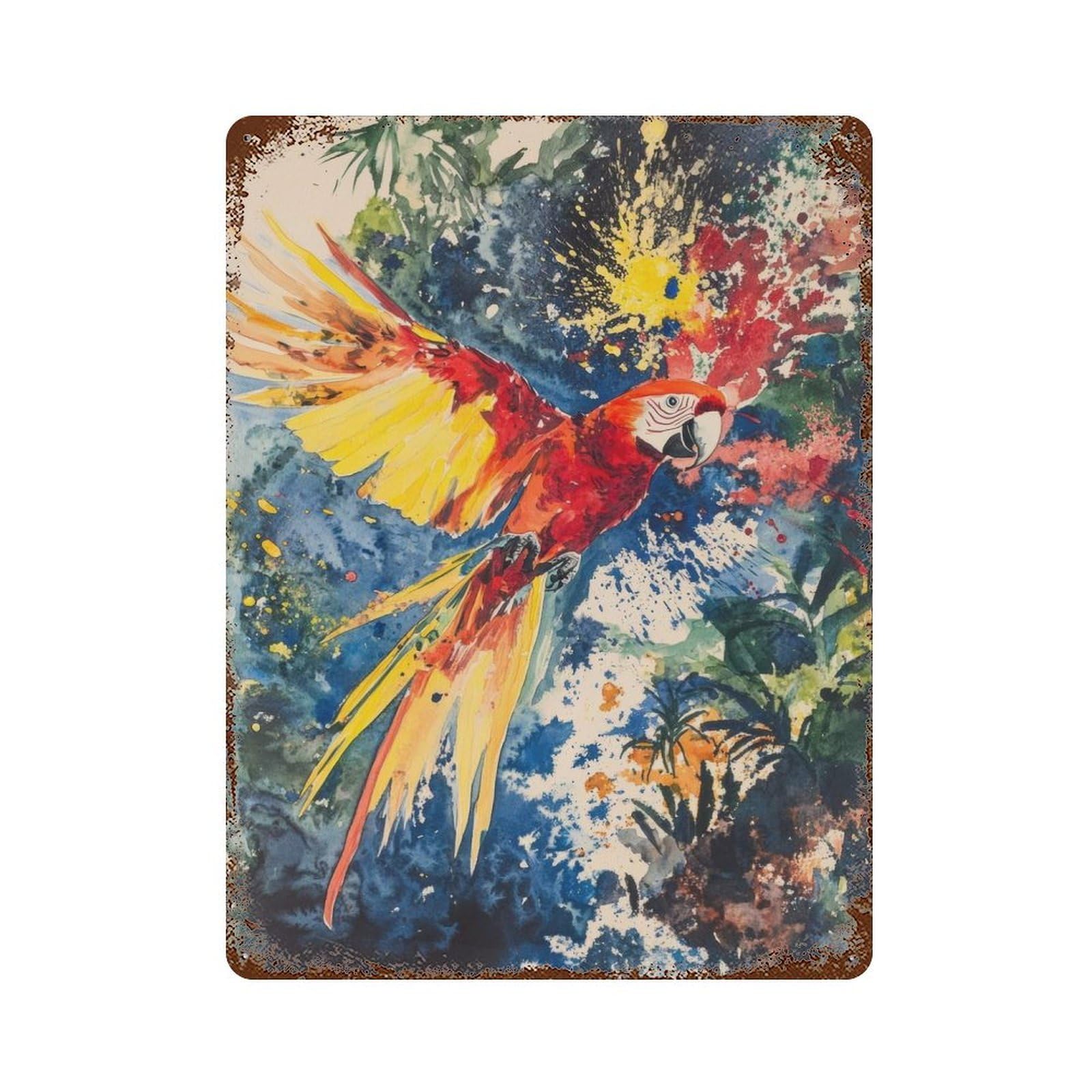Scarlet Macaw Watercolor Vintage Wall Sign 15.7"x11.8", Rust Effect Metal Decor for Farmhouse, Kitchen And Entryway Decor