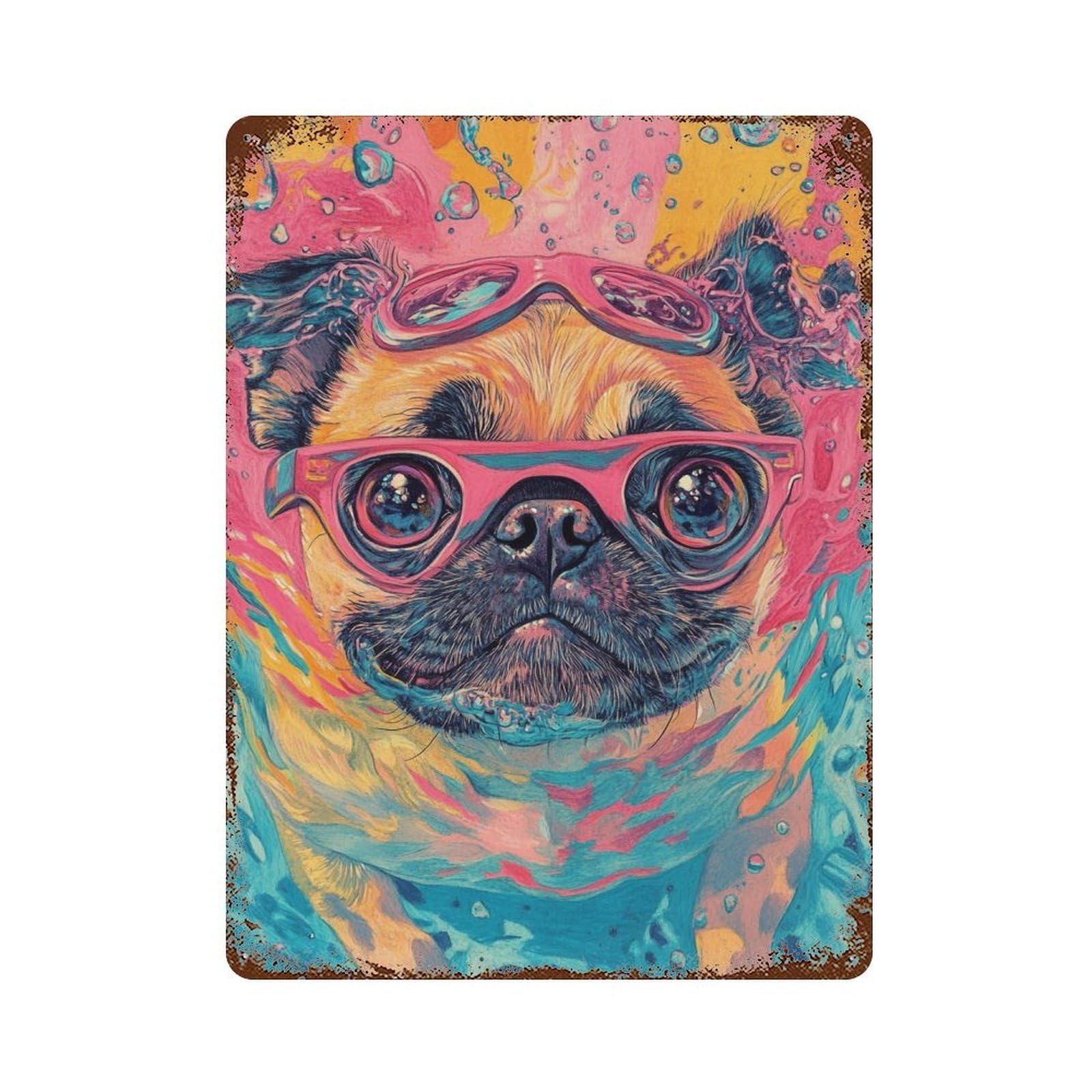 Vintage Rust Metal Sign Colorful Pug in Water 15.7"x11.8", Shabby Chic Decor for Cafe, Home Bar And Lounge Decor