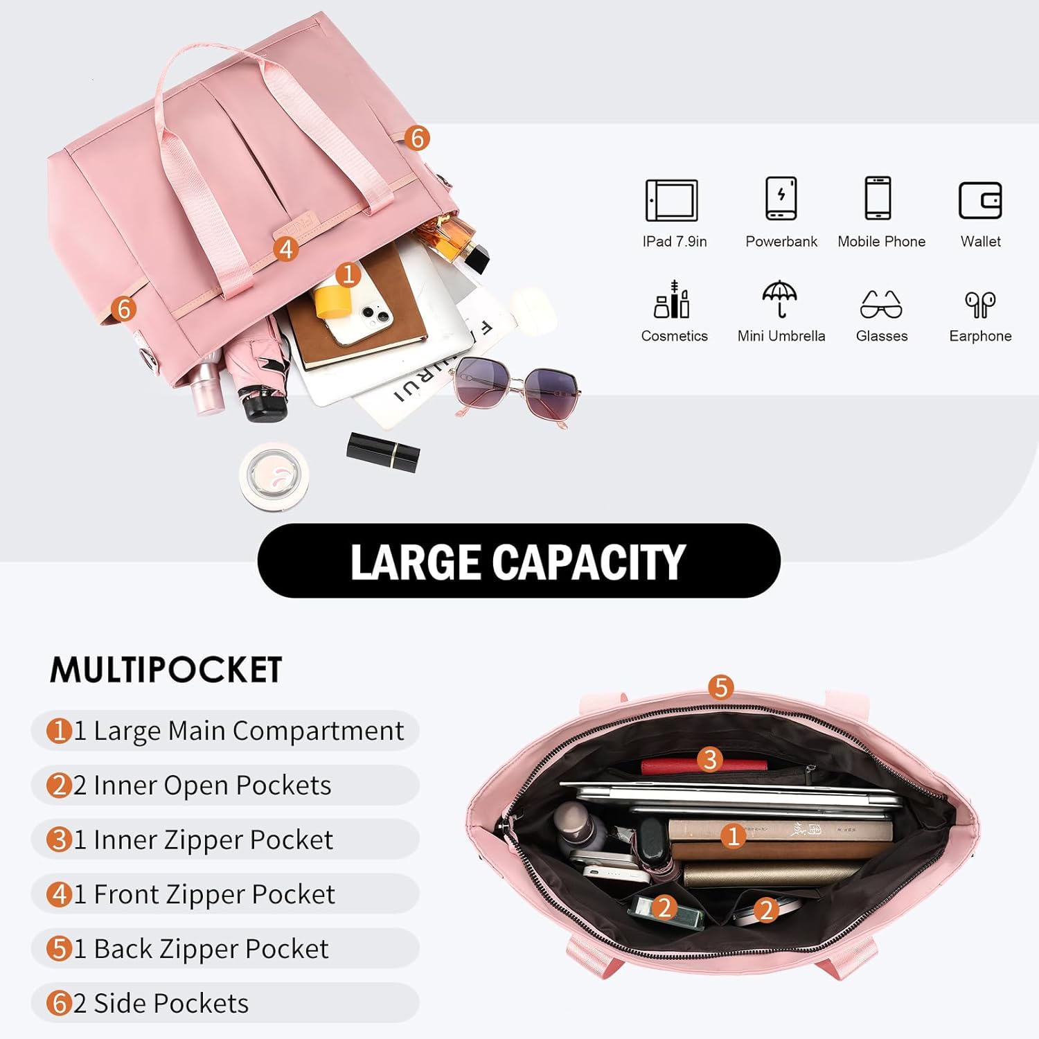 Tote Bag for Women with Zipper Travel Large Crossbody Shoulder Bag Handbag Water-resistant Nylon with Multi Pockets - Image 3