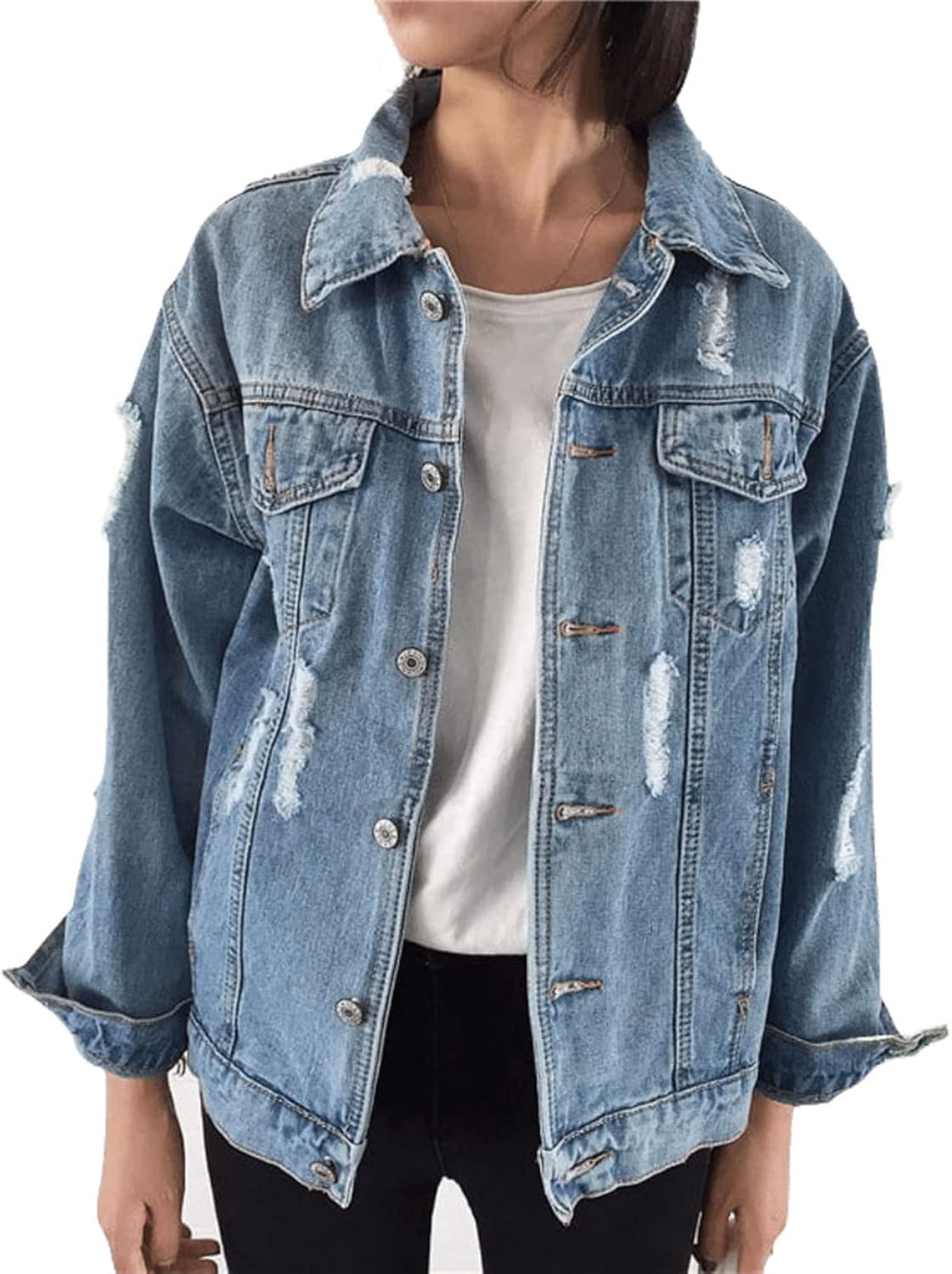 Saukiee Oversized Denim Jacket Distressed Boyfriend Jean Coat Jeans Trucker Jacket for Women Girls