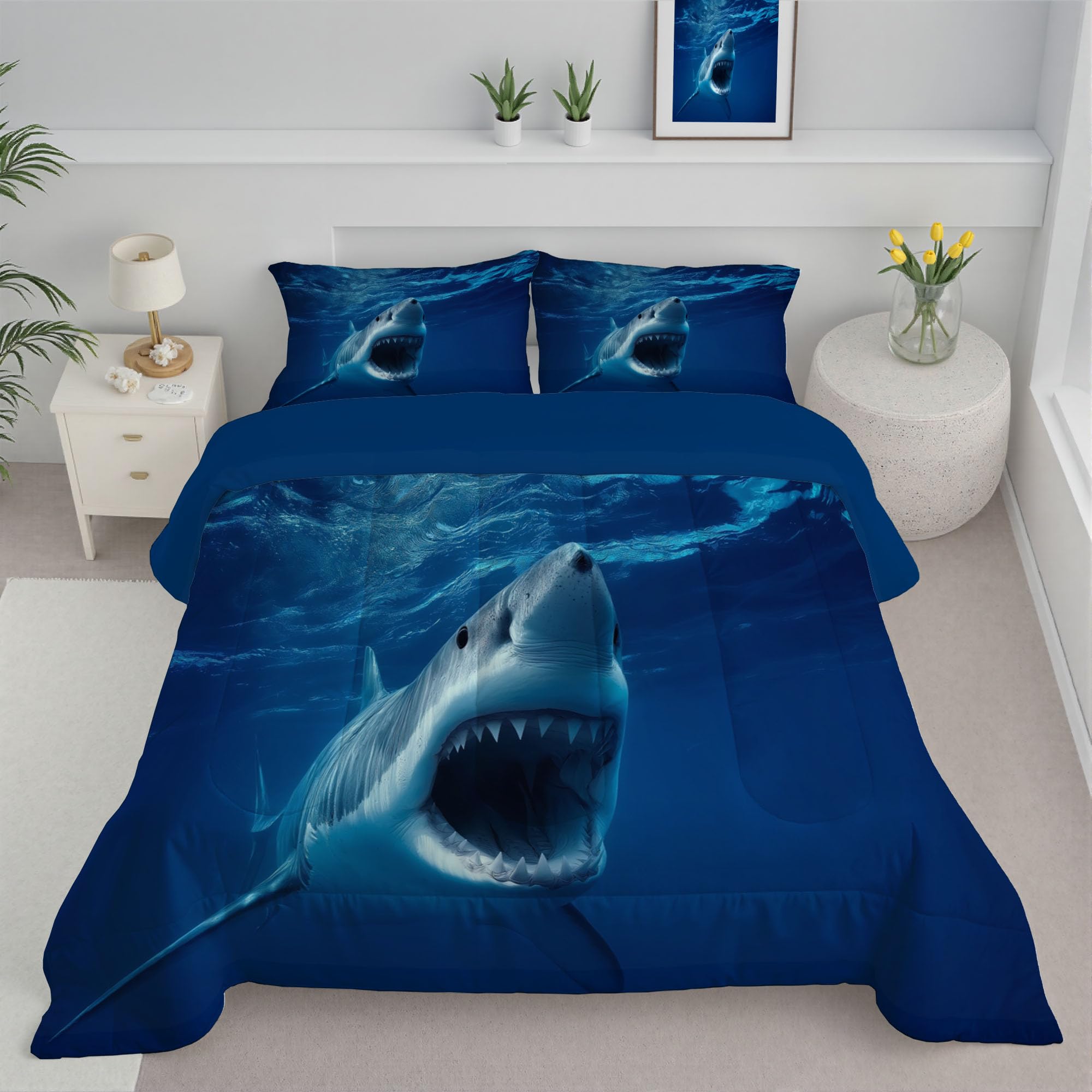 Couette 260x230cm requin 4 saisons légère bleu marine lit 2 personnes sans housse
