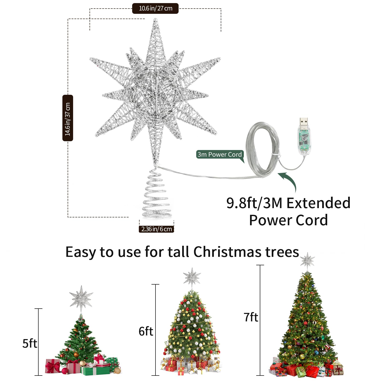 Lewondr Etoile Sapin de Noel, Pointe d'Etoile Hexagonale pour Sapin de Noël Alimenté par Pile/USB avec Lumières LED + Base en Spirale, Decoration Noel pour Maison Salon Chambre Jardin - Argent