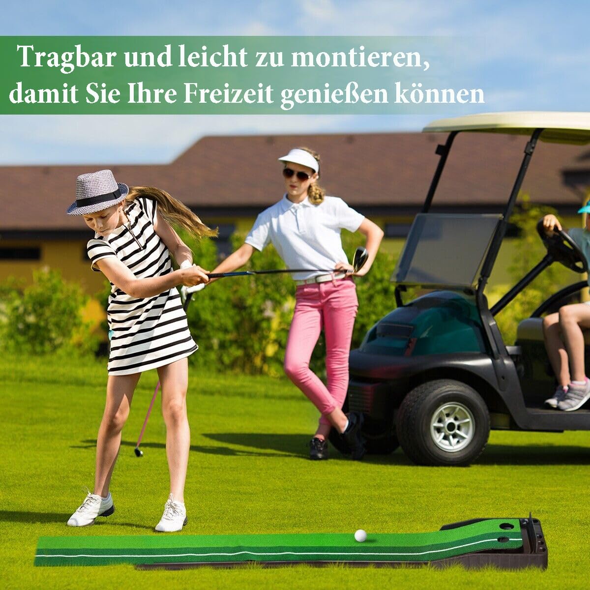 yabymy Golfmatte Puttingmatte, Golf Auto Rückkehr Puttingmatte, Golf Putter und 3 Golf Bälle Golf Übungsmatte, 300cm Indoor Outdoor Putting Trainer Matte Golfübungsgeräte für zu Hause Büro Gym