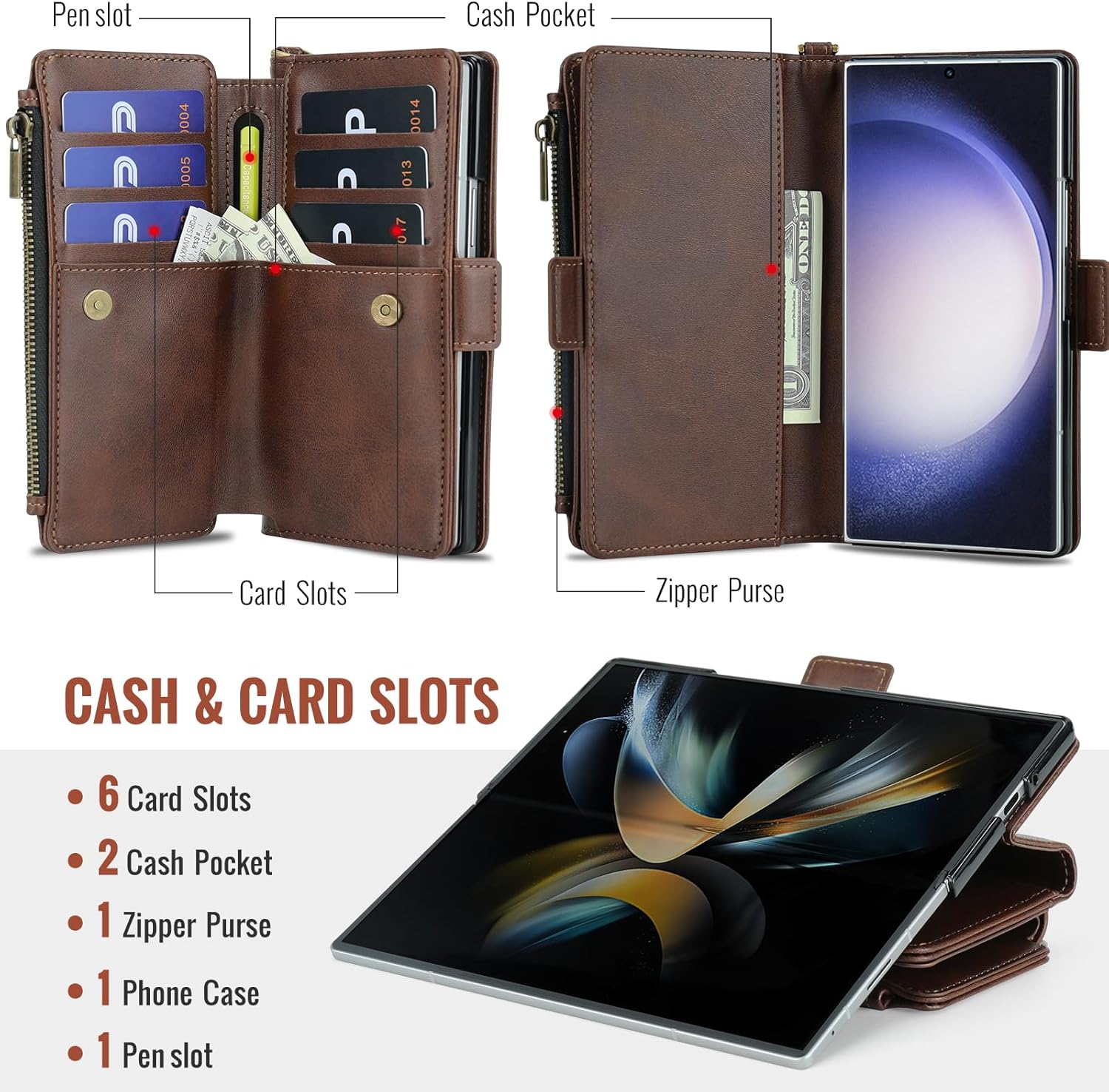 ASAPDOS for Samsung Galaxy Z Fold 6 Wallet Case with S Pen Holder,PU Leather Strap Wristlet Flip Case with Magnetic Closure[S-Pen Fully Compatible],Card Holder[RFID Blocking] and Kickstand Coffee