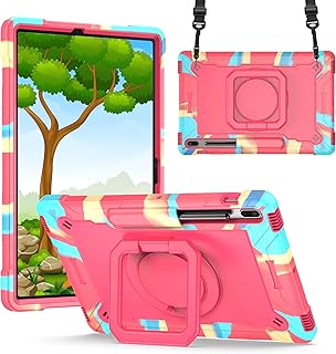 Galaxy Tab S8 Plus Case/Galaxy Tab S7 FE 5G Case Kids/Tab S7 FE Case 12.4" SM-T738, Dteck Shockproof Case with 360°Swivel Kickstand Case for Samsung Galaxy Tab S8 Plus/Tab S7 FE, Rainbow & Rose