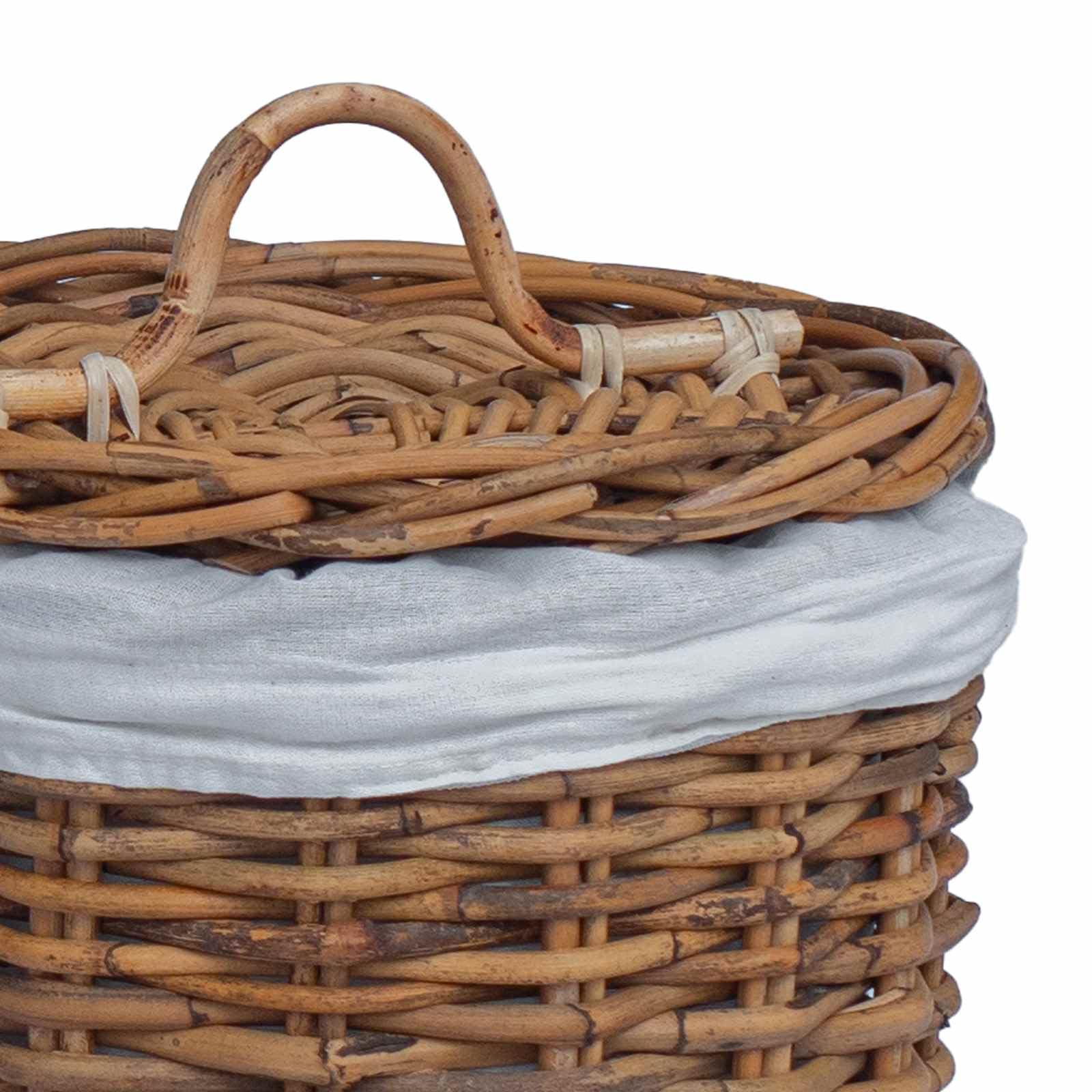 Rattan Wäschekorb 2 Stück mit Deckel, zylindrischer Wäschekorb 2er Set, 42x60 cm und 30x45 cm, geflochtener Wäschesammler mit Griffen für Schlafzimmer Wohnzimmer