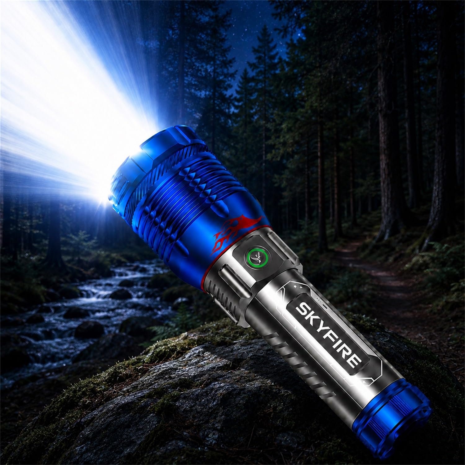 6000 lumen rechargeable flashlight SKYFIRE Lumens with Ignition Lens, Up to 96H Runtime, Zoomable Tactical Flashlight, IPX6 Waterproof High Brightness Flashlight for Camping, Emergency, Outdoor Surviva 500mAh high Powerful Spotlight - Super Bright