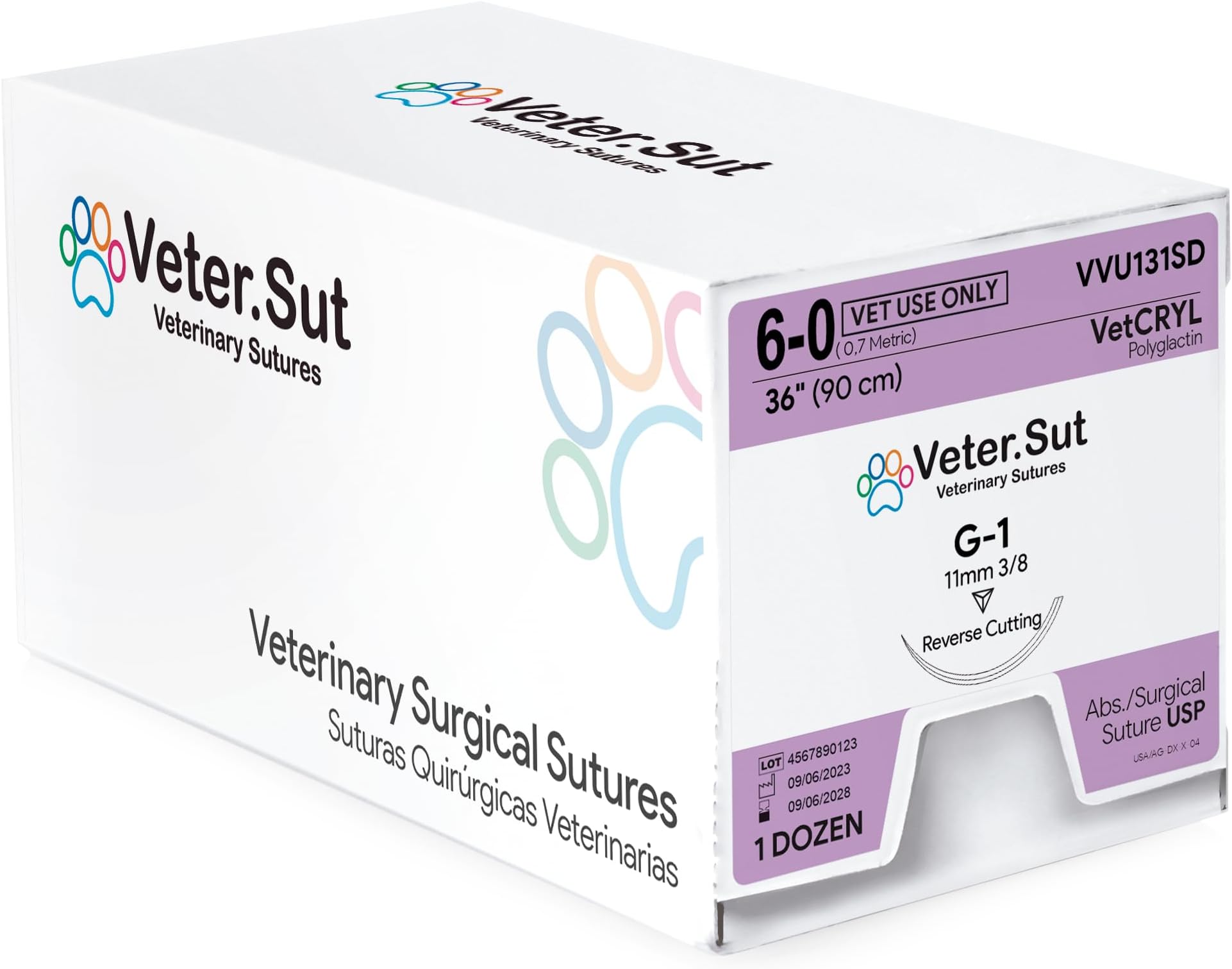 VeterSut VetCRYL Absorbable Polyglactin Surgical Suture USP Size 6-0, 3/8 11mm Reverse Cutting Needle, 36 Inches (90 cm), 12 Count, Veterinary Use