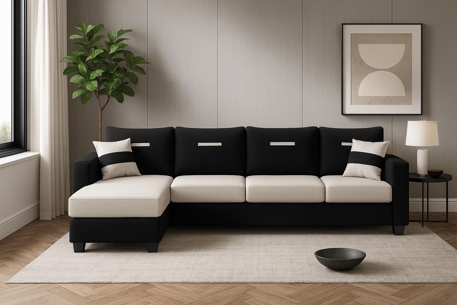 CASASTYLE Dreamon 5 Seater Fabric LHS L Shape Sofa Set with 1 Centre Table & 2 Puffy (Light Grey-Black) | Velvet Finish | Comfortable Sectional Sofa for Living Room