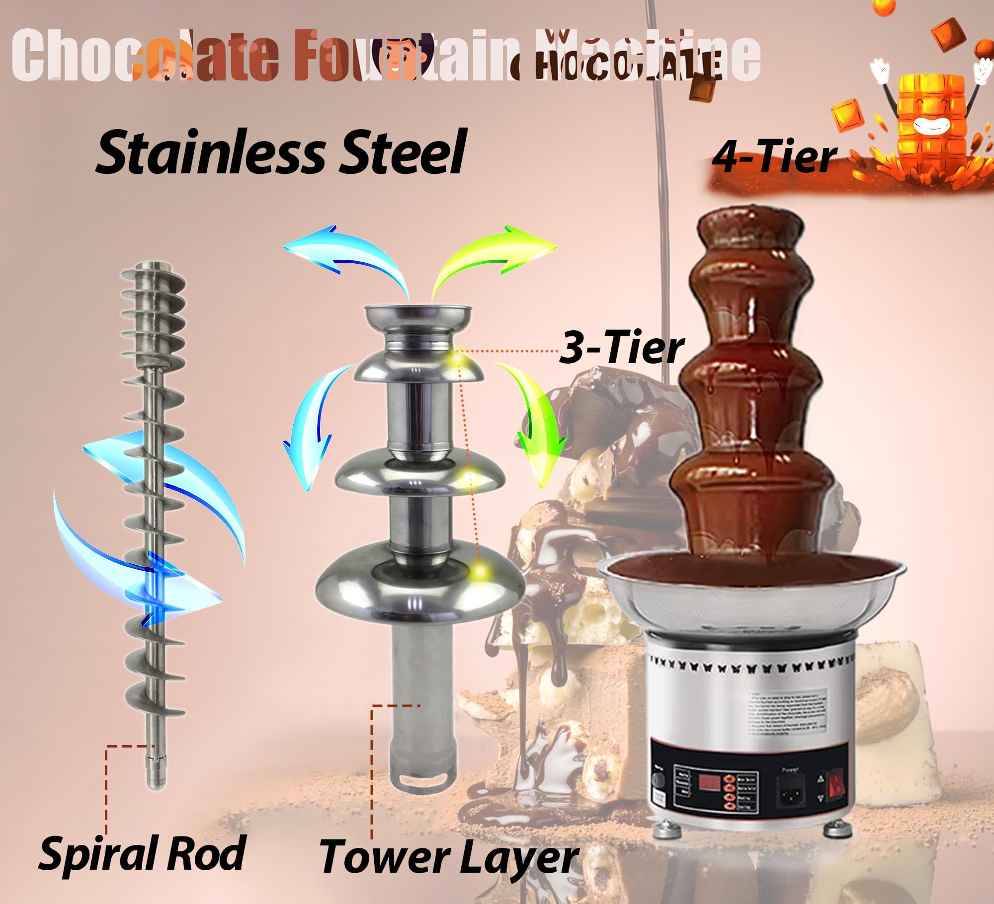 INTSUPERMAI 4-Tier Commercial Chocolate Fountain Fondue with Digital Controll, 6.6Ibs Capacity, Stainless Steel for Weddings Parties Events Restaurants 110V (4-Tier)