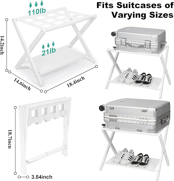 Aiowhy Luggage Rack,Bamboo Suitcase Stand with Storage Shelf,Set of 2,Folding Luggage Stand for Guest Room,Hotel,Bedroom,Heavy-Duty, Holds up to 131 lb, White,VLR03W02