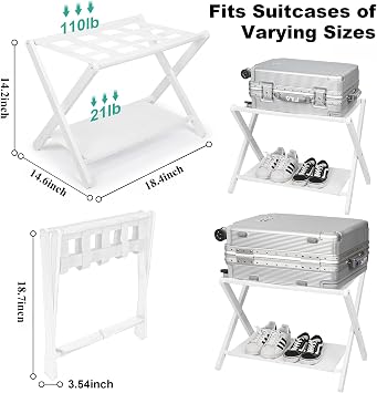 Aiowhy Luggage Rack,Bamboo Suitcase Stand with Storage Shelf,Set of 2,Folding Luggage Stand for Guest Room,Hotel,Bedroom,Heavy-Duty, Holds up to 131 lb, White,VLR03W02
