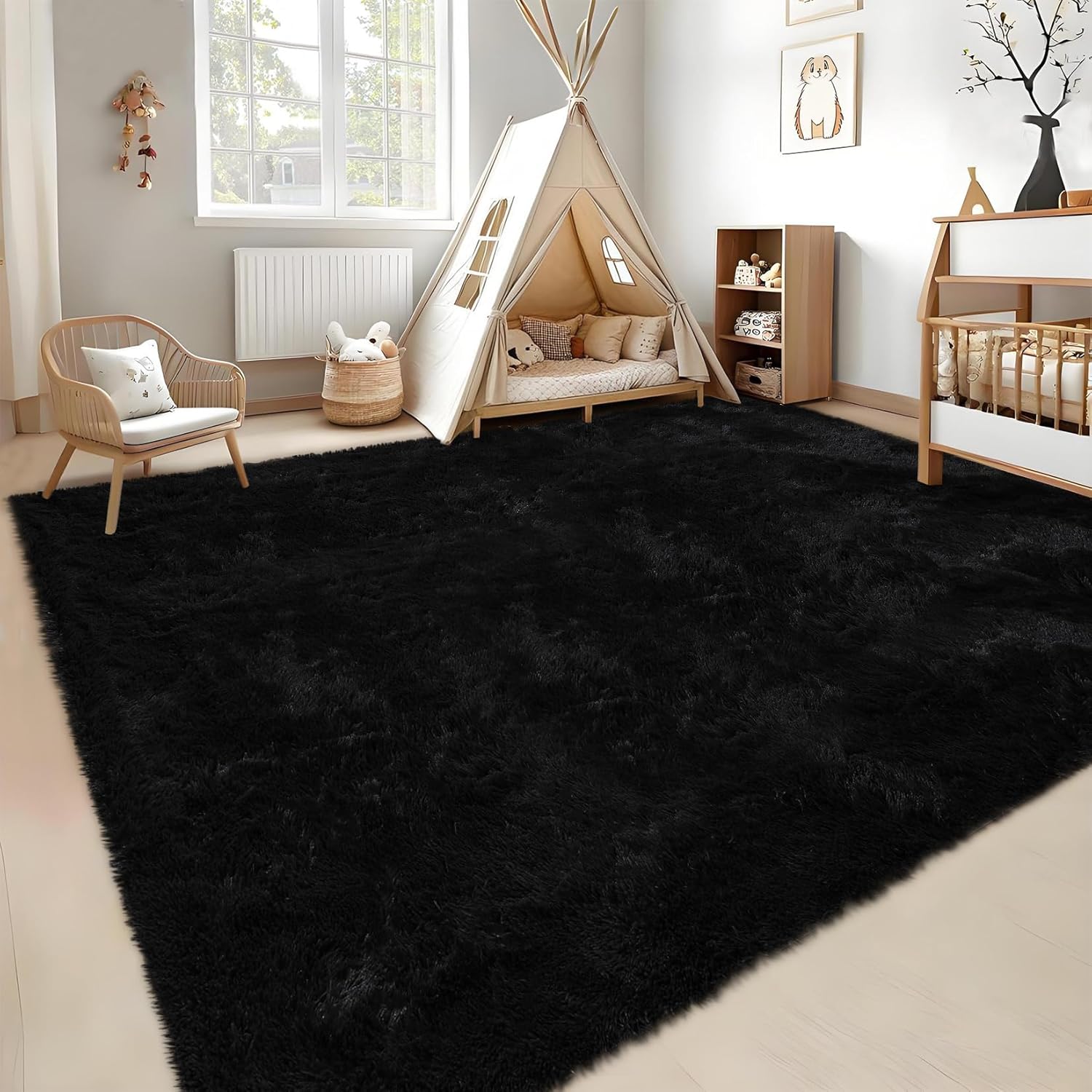 GarveeHome 9x12 Fluffy Area Rug- Shag Area Rug for Living Room, Shaggy Large Indoor Thick Living Room Carpet with Non-Slip Backing, Soft Plush Fuzzy Carpet for Bedroom, 9x12, Black