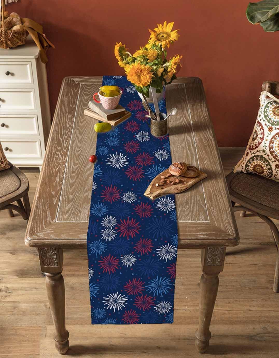 Seven Roses 4th of July Table Runner 72 Inches Long Farmhouse Dress Scarves, Independence Day Colorful Fireworks Star Dining Tablerunner for Coffee Table/Kitchen Island/Party Décor, 18" x 72"