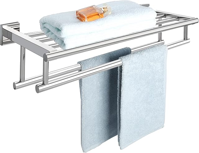 Sayayo Towel Rail Wall Mounted Chrome Bathroom Towel Shelf 24-Inch Towel Holder, SUS304 Stainless Steel Towel Rack, EGZ8000-C