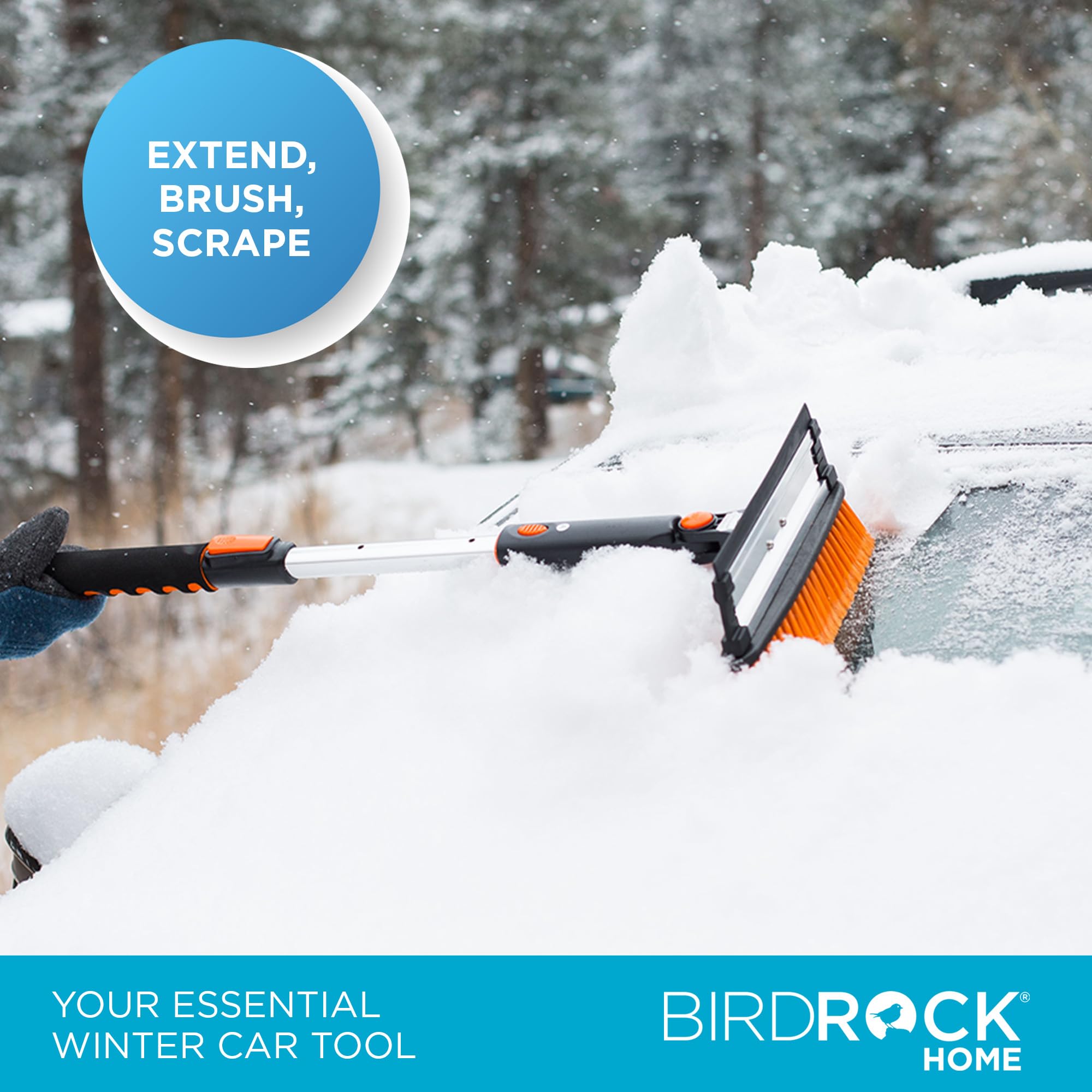 BIRDROCK HOME Spazzola da neve estensibile da 99,1 cm, con raschietto per ghiaccio rimovibile, per auto, 28 cm di larghezza, con setole, dimensioni: auto e SUV, corpo in alluminio leggero con