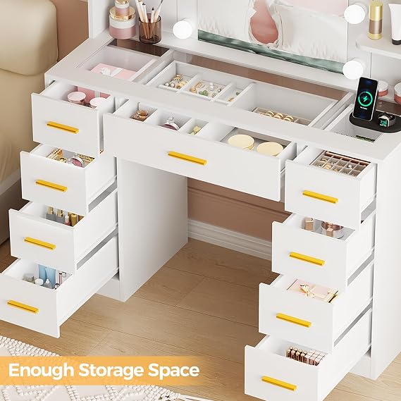 BEWISHOME Dressing Table with Mirror and LED Lights,Glass Top,Power Outlet