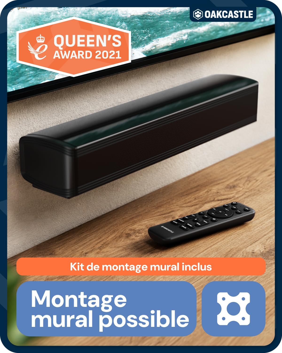 Oakcastle Barre de Son TV 2.1, Soundbar, Caisson de Basses 90W SB40 Xtra | HDMI Arc AUX Optique USB | Télécommande Kit Mural PC Téléviseur