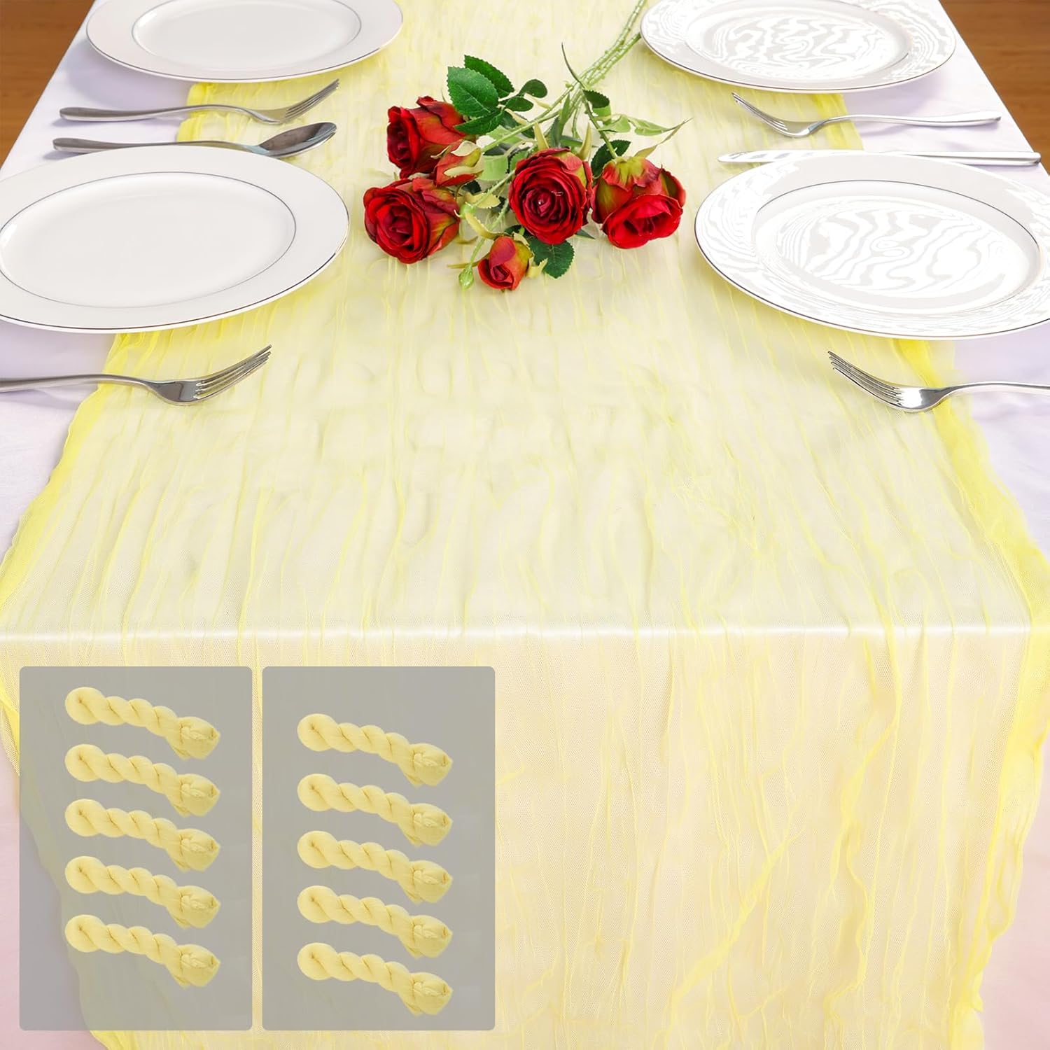10pcs Yellow Spring Summer Cheesecloth Table Runner 35 x120 inches Rustic Gauze Boho Cheese Cloth Table Runner for Wedding Bridal Shower Baby Decoration
