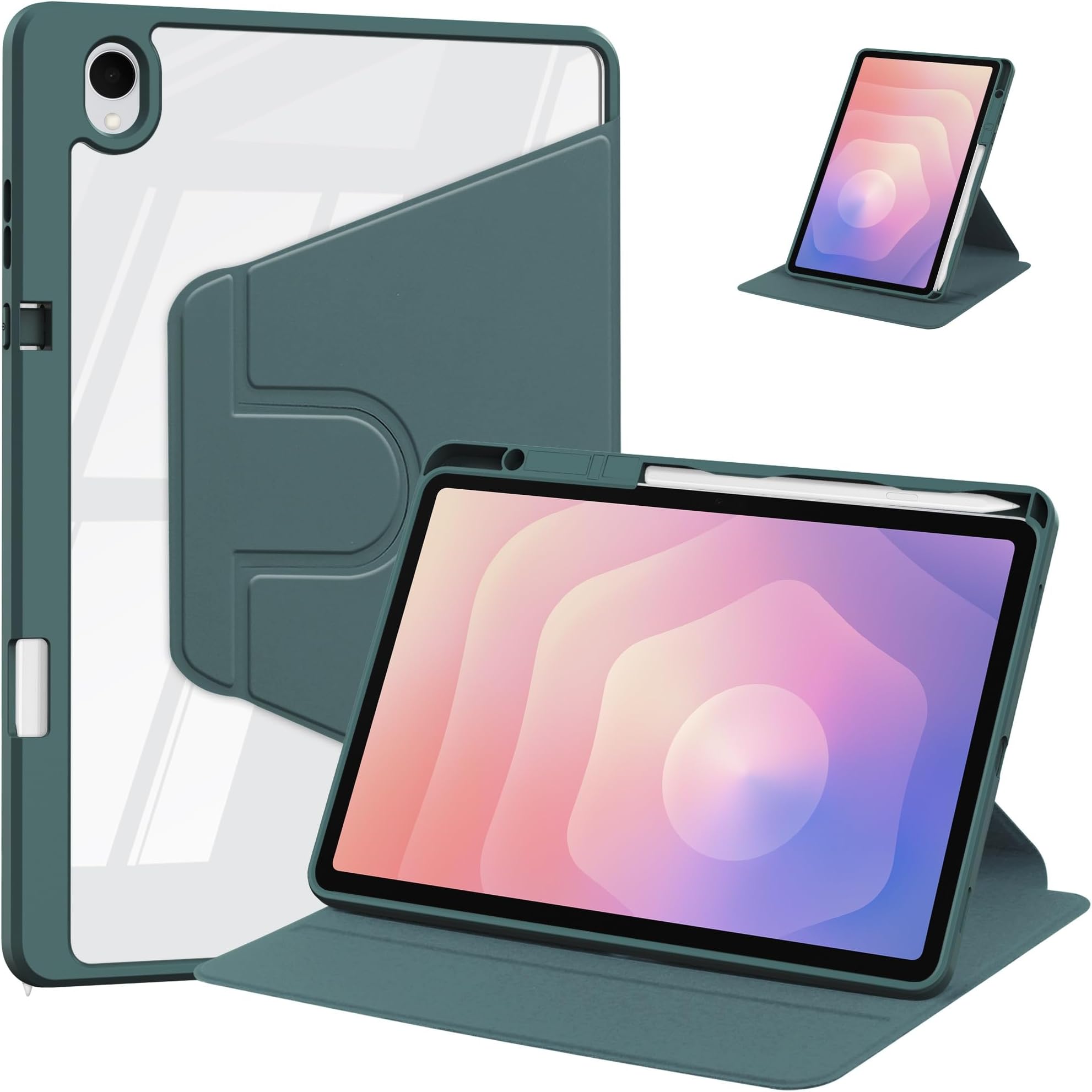 Rotating Case for Samsung Galaxy Tab S11 5G 11 Inch 2025 Model (SM-X730/X736B) – with Pencil Holder, Clear Hard Back Cover, 360° Stand & Auto Wake/Sleep(Green)