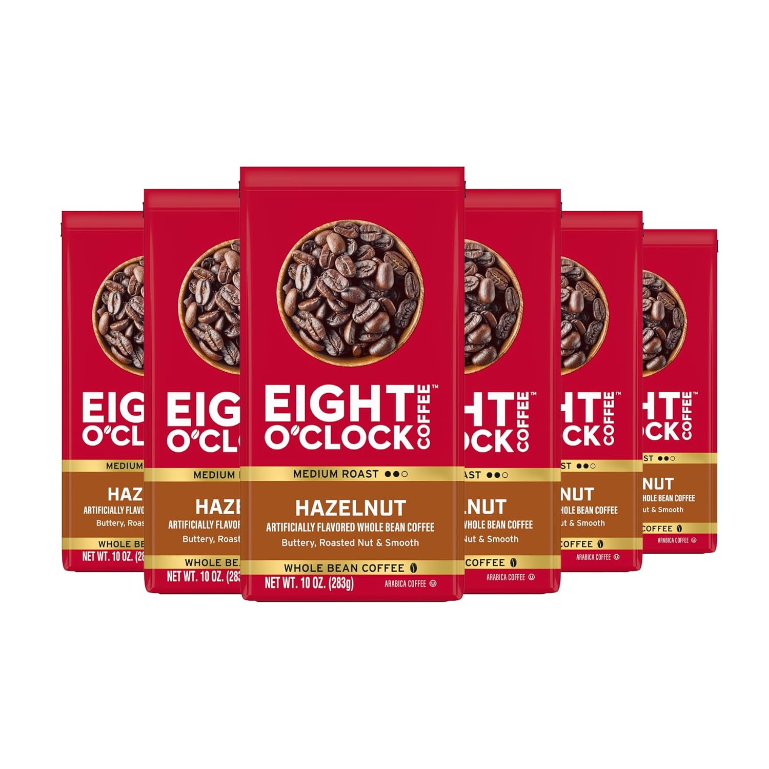 Eight O'Clock Coffee Hazelnut, Medium Roast Whole Bean Coffee, Buttery, Smooth & Nutty, 100% Arabica, 10 Ounce (Pack of 6)