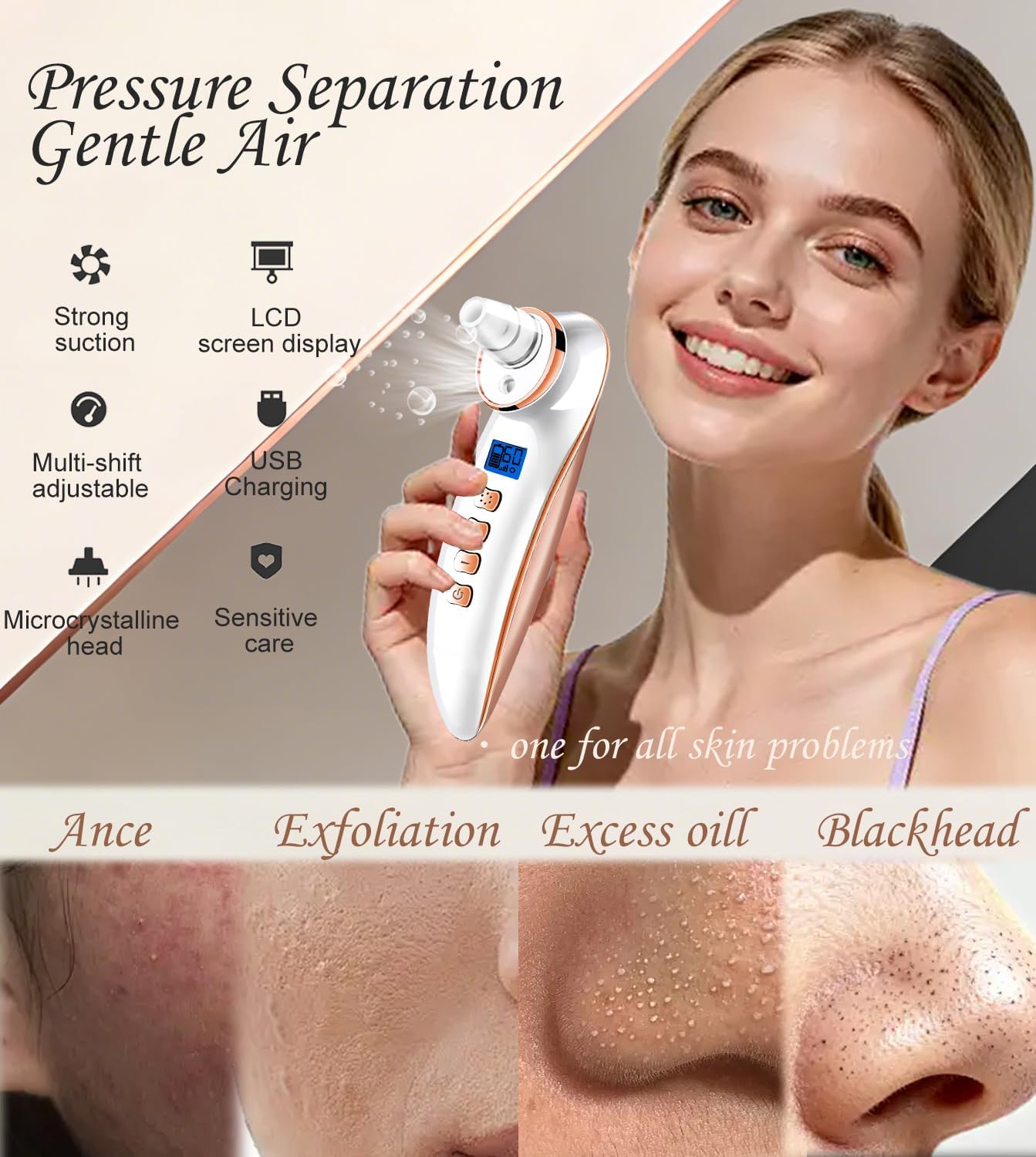 Blackhead Remover Pore Vacuum, Pore Cleaner for Face with 5 Attachments & 3 Suction Levels, USB Rechargeable Facial Blackhead Extractor Tool (Gold)