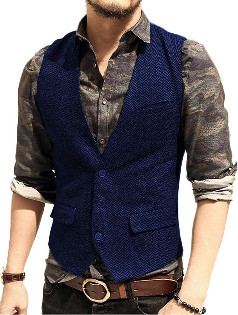 Jiaoyunshi Men's Slim Fit Suit Vest Wool Blend Herringbone Mens Tweed Waistcoat Wedding