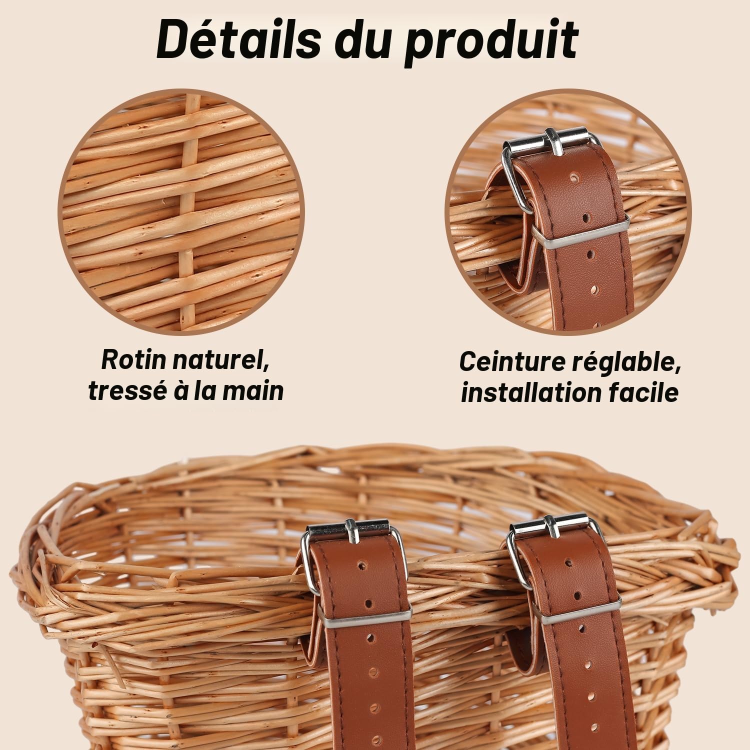 AVASTA Panier de vélo pour Enfants en Osier pour 12 14 16 18 20 Pouces Filles Vélos Scooter Tricycle Accessoires de vélo pour Enfants avec Sangles en Cuir Plusieurs Couleurs