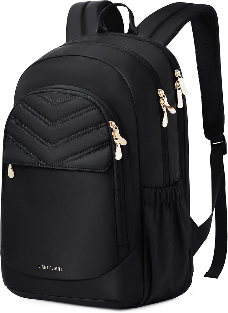 LIGHT FLIGHT Travel Backpack for Women, 15.6" Laptop Backpack with USB Charging Hole, Water Resistant, Large Capacity, Black Daypack for College, Work, Casual Computer Bags