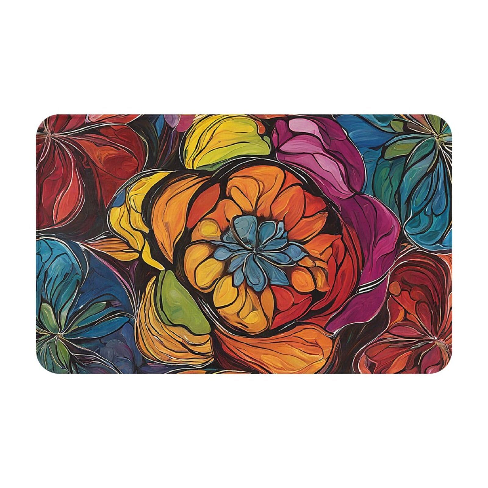 Flower Stained Glass Print Living Room Bathroom Kitchen Anti Slip and Absorbent Carpet, Indoor Entrance Door Muddy Floor Mat, Ultra Soft Washable Carpet 21x31.5 Inches