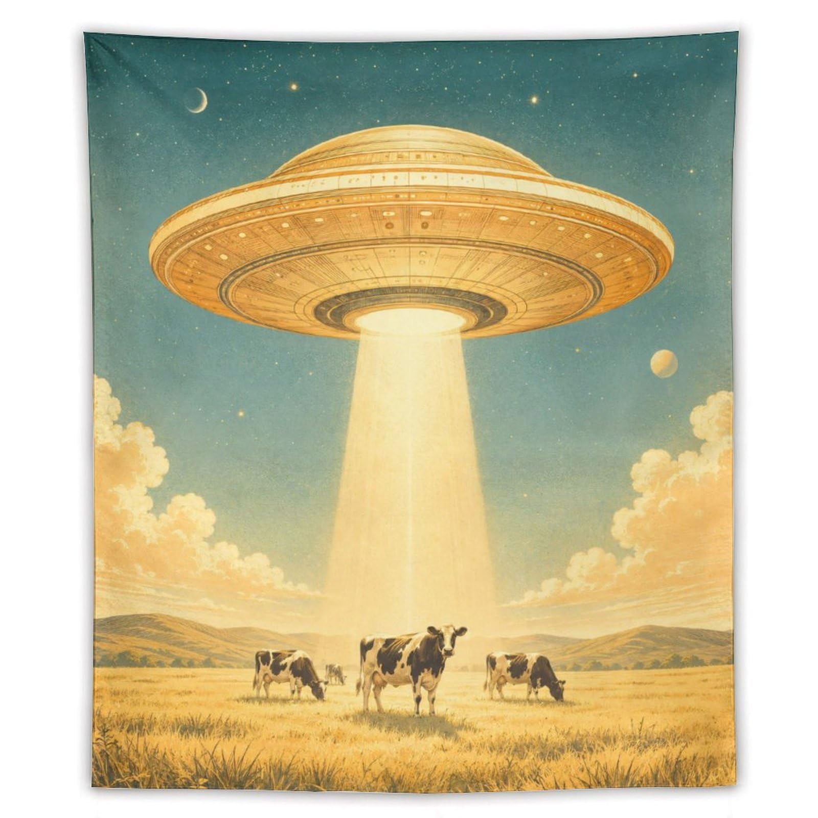 H3B8U2Y5 UFO Cattle Wheat Field Wall Tapestry, Realistic Illustration Style