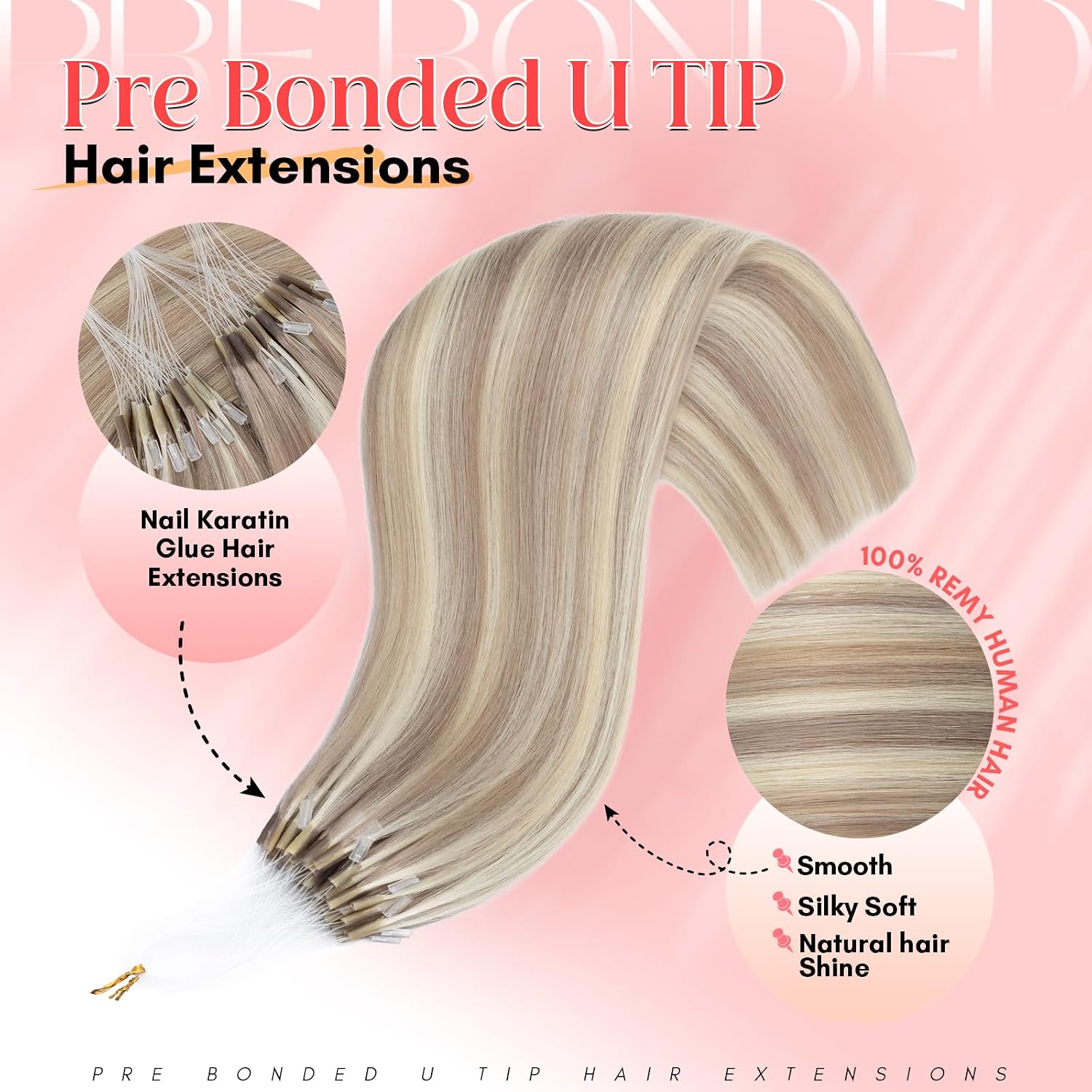 S-noilite U Tip Hair Extensions 100% Real Remy Human Hair Upgraded Micro Ring K Tip Extensions Pre Bonded Keratin Hair Extensions 50g/50 Stands 22 Inch Ash Blonde Highlighted Bleach Blonde