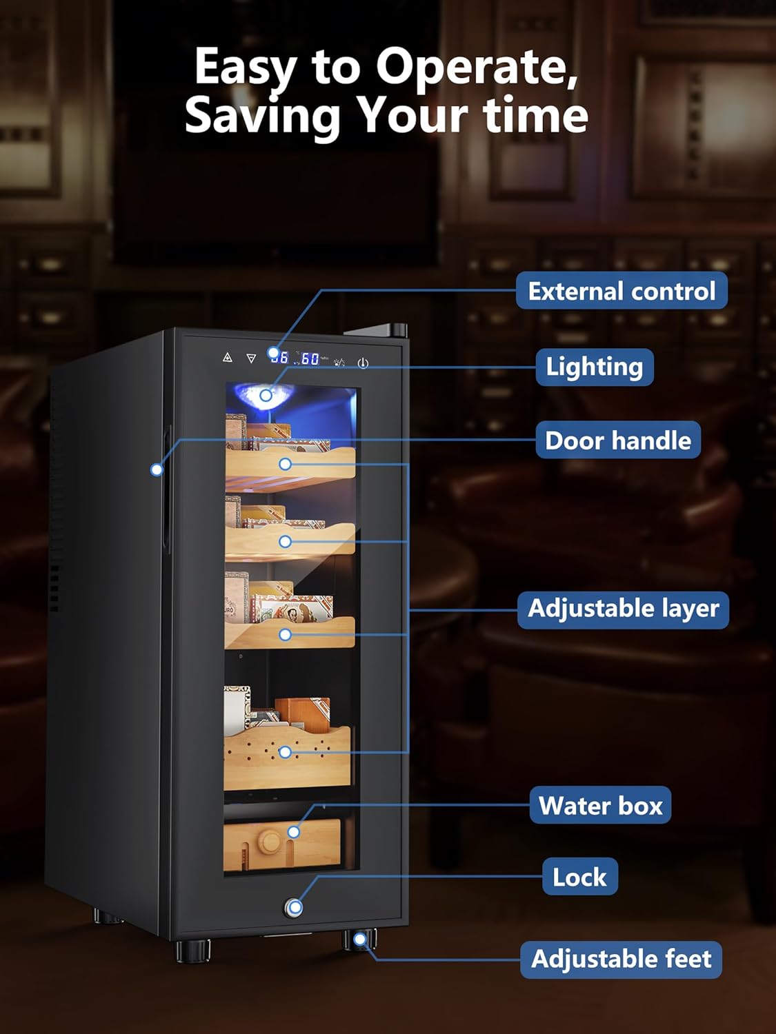 Electric Humidor, 35L 250 Counts Large Capacity, Thermostatic Electric Cooler Cabinet with Digital LED Screen, Smart Humidity & Temp Control with Safety Lock,Gifts for Men (Black)