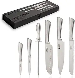 Jogo de Facas Profissional 6 Peças Premium TENDEN – Conjunto de Facas de Cozinha Aço Inox 3Cr13. Kit com Faca Chef 8”, Santoku 7”, Pão 8”, Multiuso 5”, Precisão 3,5” + Chaira, Caixa Magnética Presente