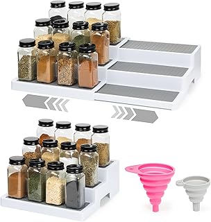 Pack of 2, Expandable 3 Tiered Spice Rack Organizer for Cabinet and Kitchen Pantry Shelf - Non-Slip Shelves for Spices, Seasoning, Canned Food, Medicine Cabinet Organizer - Includes Silicone Funnels