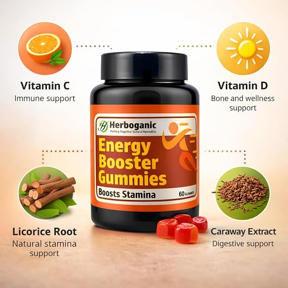 HERBOGANIC Energy Booster Gummies Daily Energy & Focus Support Multivitamin & Herbal Extract Blend Vegan Friendly 60 Gummies
