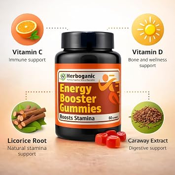 HERBOGANIC Energy Booster Gummies Daily Energy & Focus Support Multivitamin & Herbal Extract Blend Vegan Friendly 60 Gummies