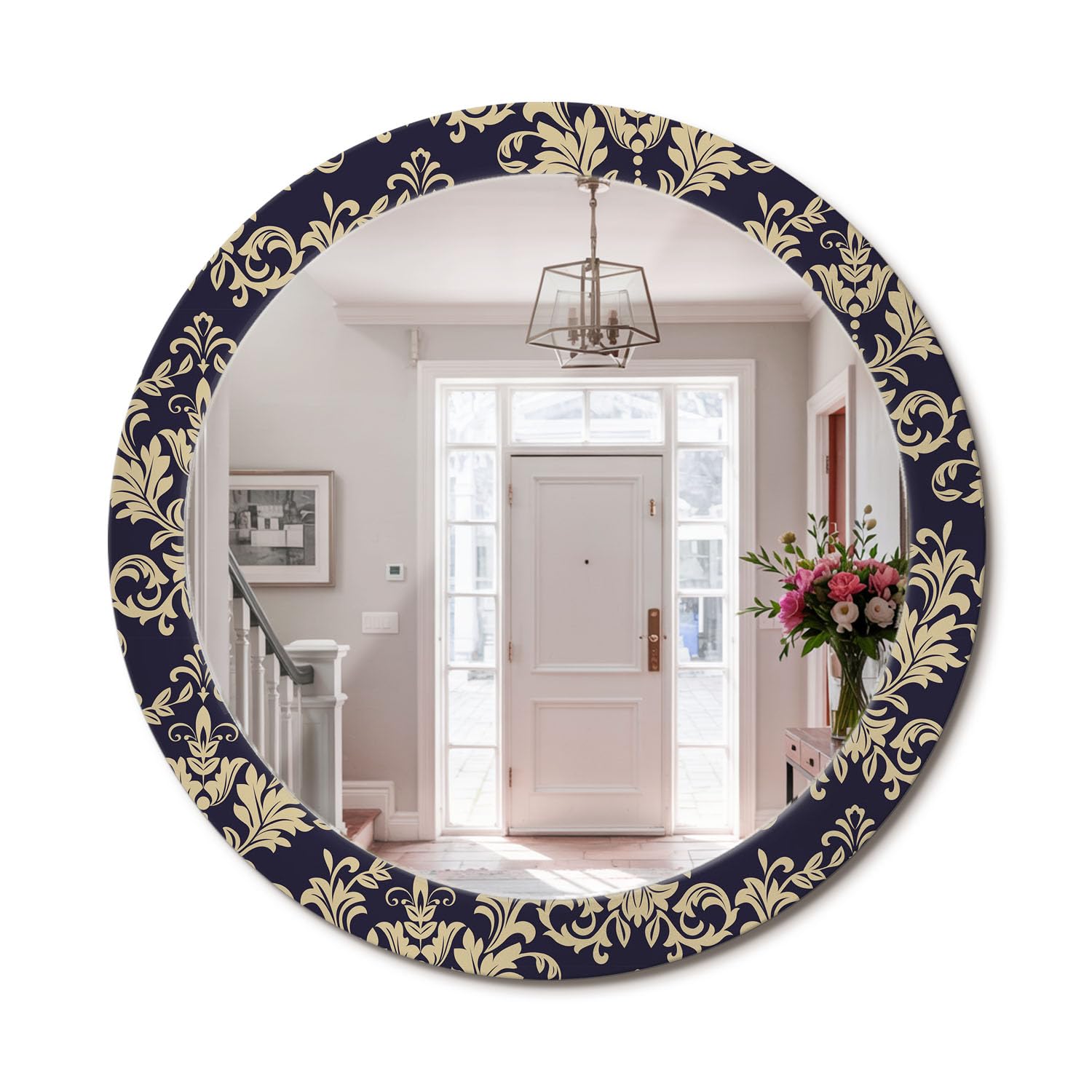 Miroir rond design fi80 avec impression florale sur cadre en verre