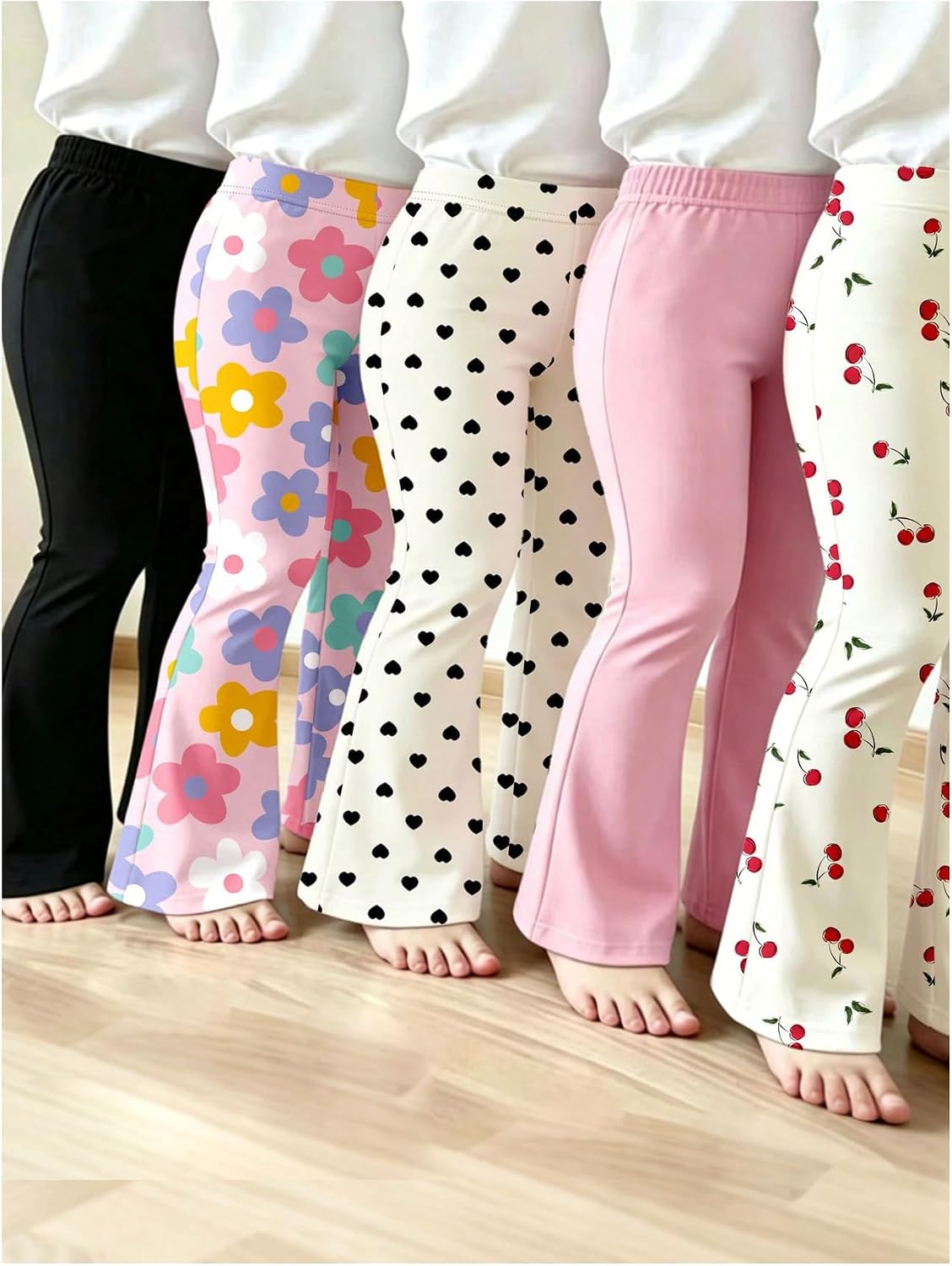 SweatyRocks Girl's 5 Pack Flare Leg Pants Cute Printed Elastic Waist Leggings Bell Bottom