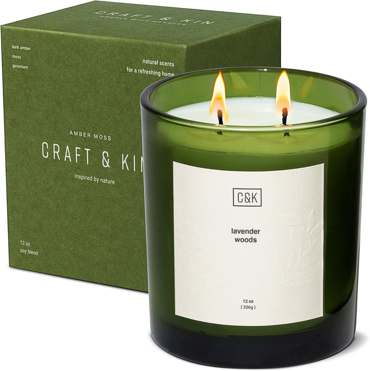 Craft & Kin Lavender Candle | 12oz Premium Lavender Woods Spring Scented Candles for Men and Women | Made with Natural Soy | Nature Collection