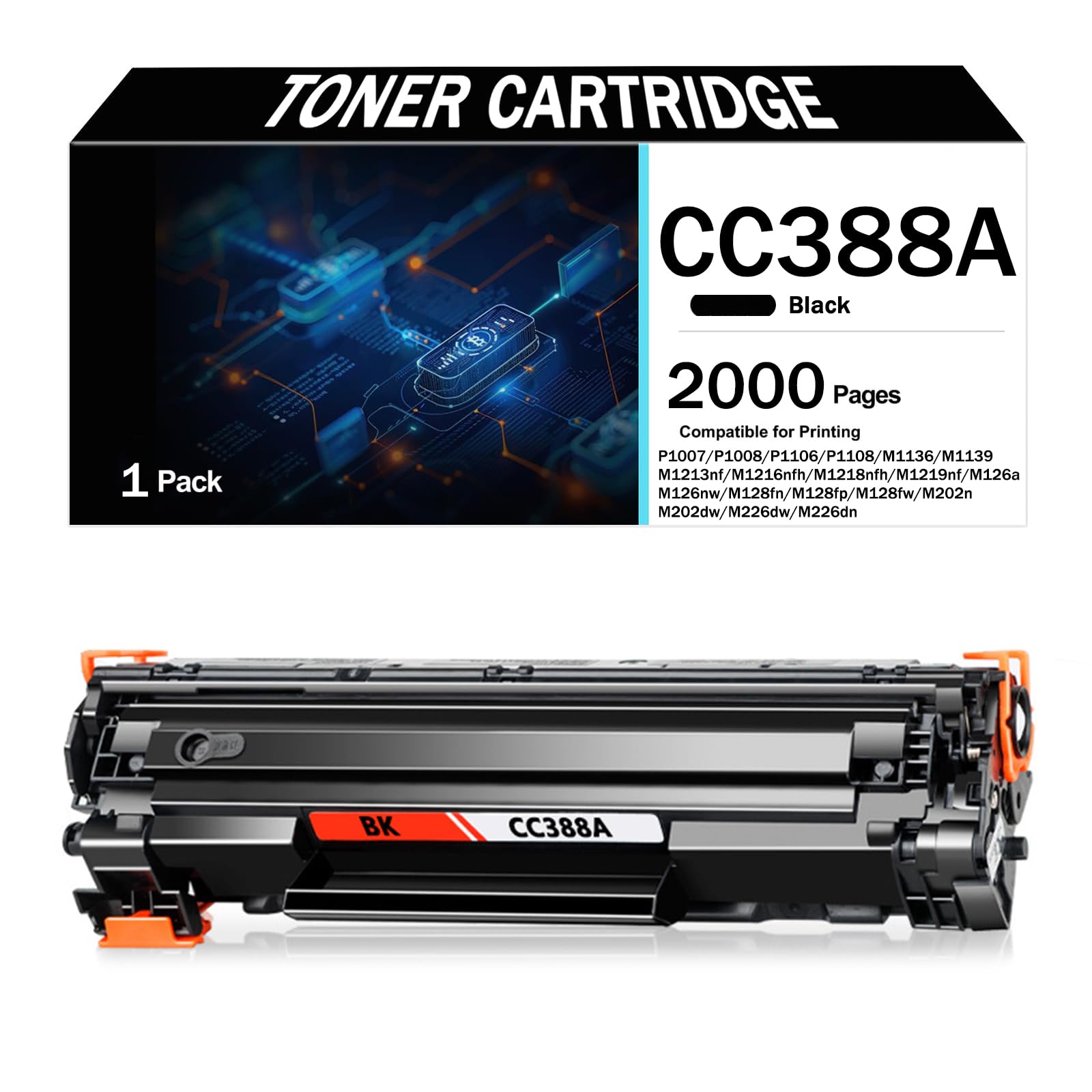 CC388A Czarny wkład z tonerem z chipem, wkład z tonerem o dużej pojemności do drukarki HP Laserjet Pro P1007 P1008 P1106 P1108 M1136 M1139 M1213nf M1216nfh M1218nfh M1219nf M126a,2000Pages-1PCS