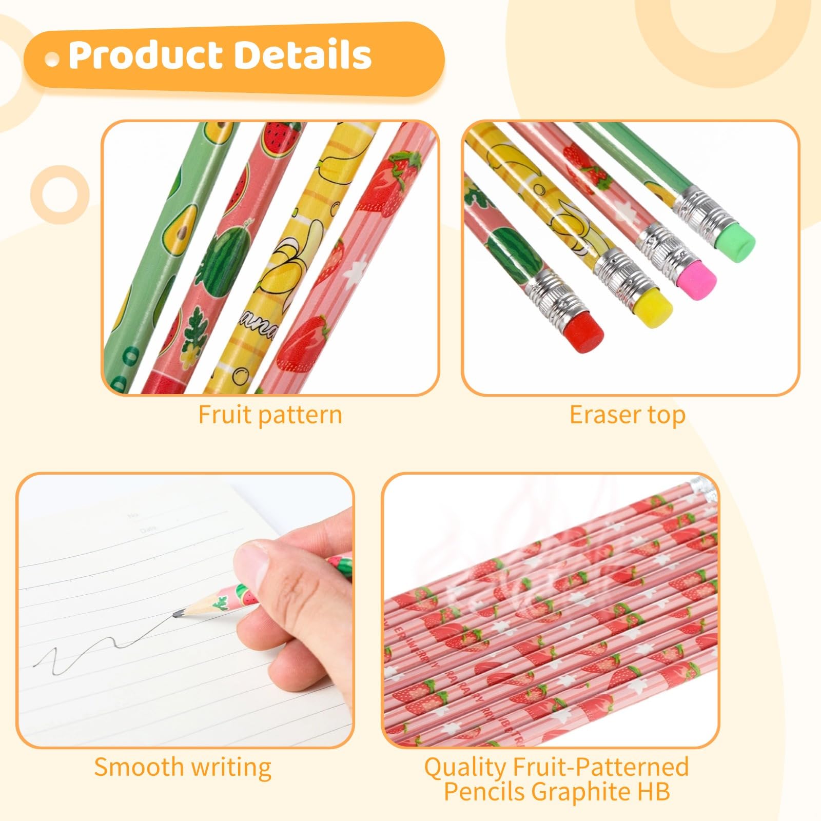 Lot de 240 crayons colorés en bois HB avec motifs de fruits amusants pour étudiants, récompenses et cadeaux