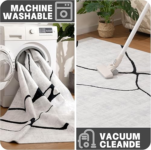 Miniatura 4 de YIHOUSE Alfombra abstracta de 6 x 9 pies, color blanco y negro, lavable para sala de estar, dormitorio, alfombra grande, moderna, antideslizante,