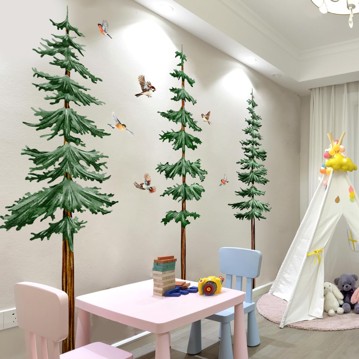 Pine Tree Wall Decals with Watercolor Birds - Green Forest Nature Wall Stickers Peel and Stick Woodland Decor for Living Room Bedroom Nursery - 73x61 Inch